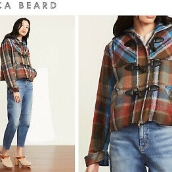 Veronica Beard 100% Wool Ianna Brown-Multi Plaid Hooded Duffle Coat/Jacket 6 - Picture 1 of 13